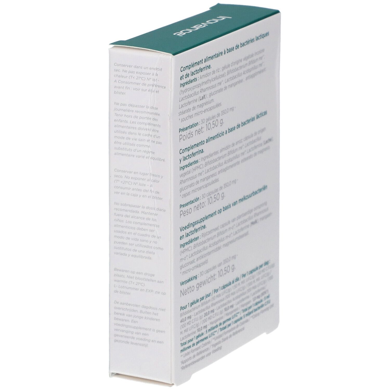 Rückseite der Schachtel "PROBIOVANCE I 5". Text: Inhaltsstoffe, Nährwertangaben, Gewicht. Marke: Inovance.