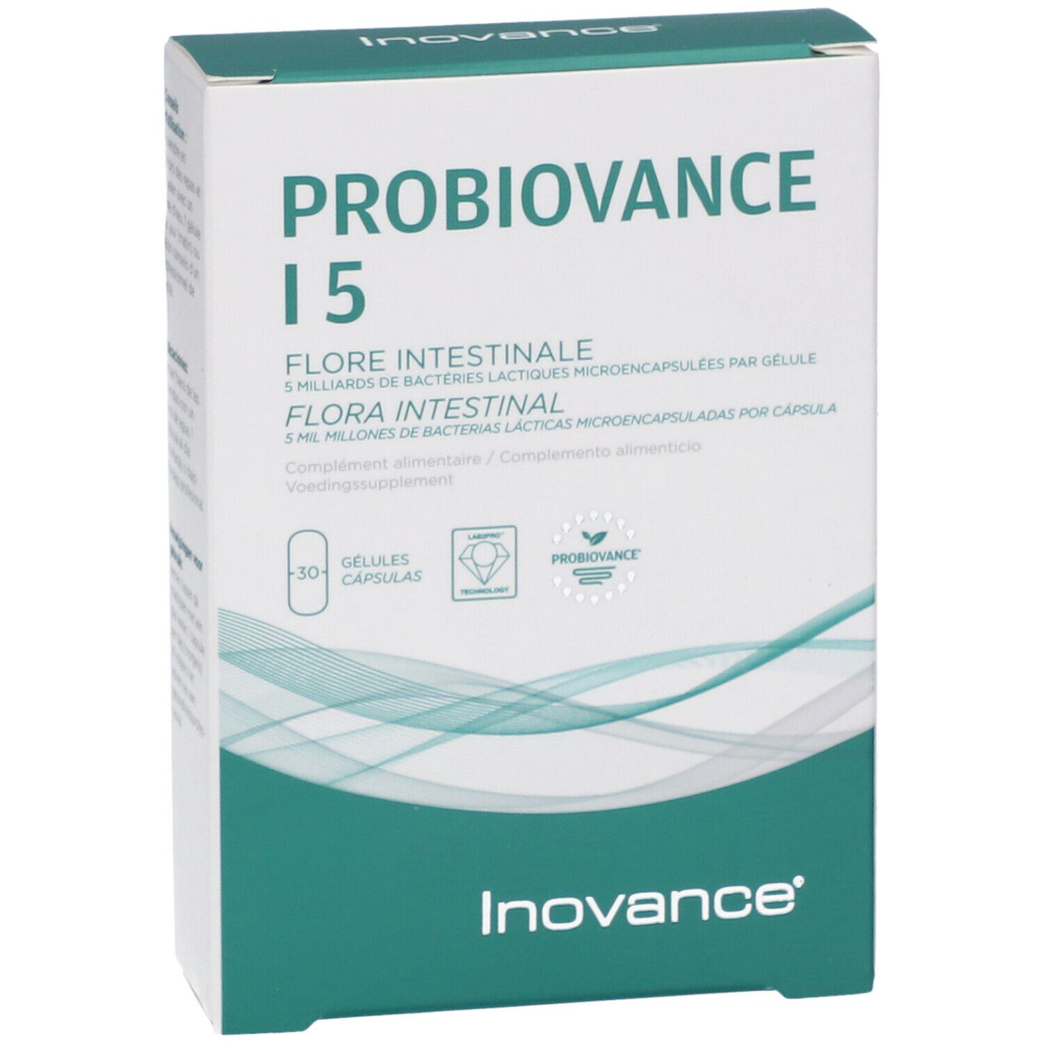 Schachtel "PROBIOVANCE I 5". Text: "FLORE INTESTINALE", "3 Milliarden...", "30 Gélules". Marke: Inovance.