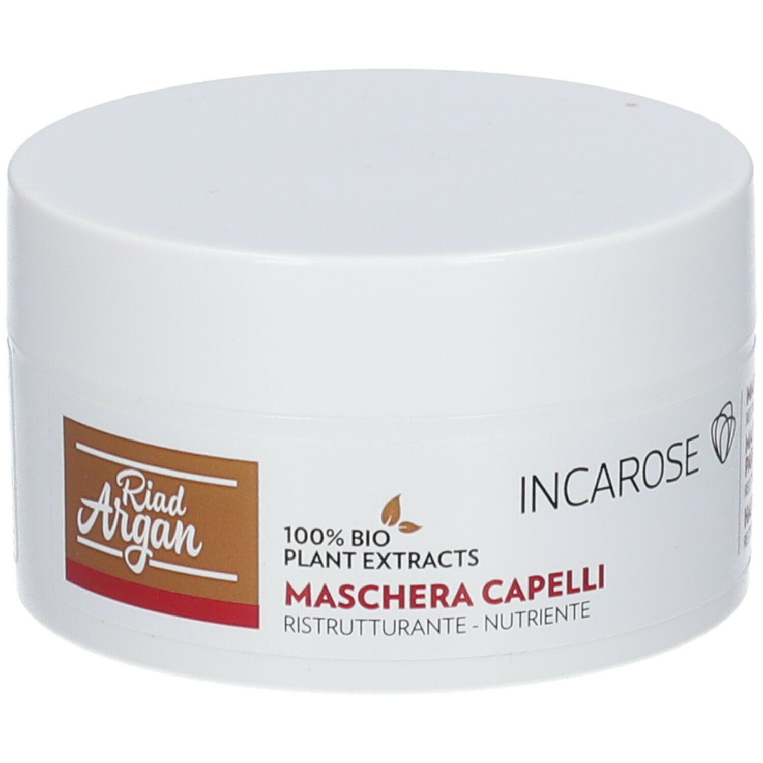 Weißer Tiegel mit Deckel. Aufschrift: Incarose, Riad Argan, Maschera Capelli. 100% Bio-Pflanzenextrakte.