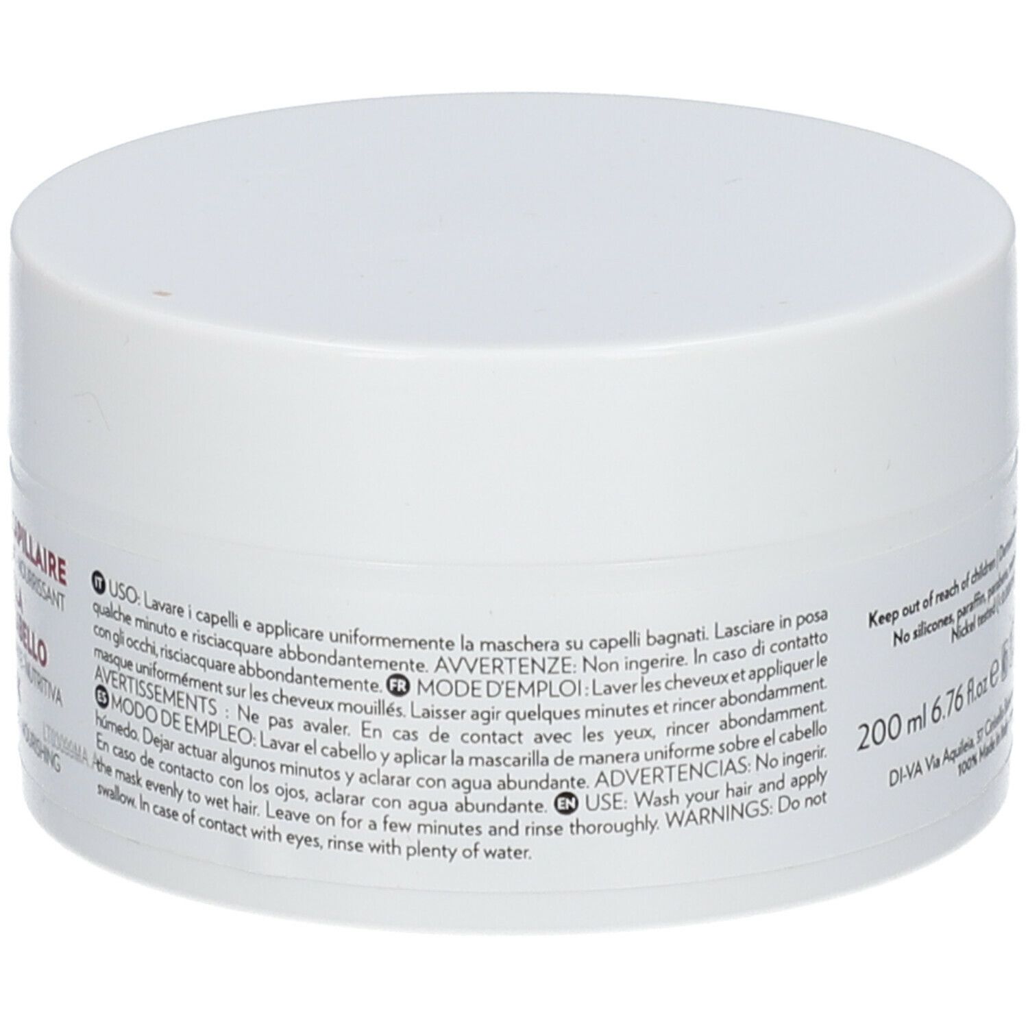 Weißer Tiegel mit Deckel. Text in mehreren Sprachen. Aufschrift: 200 ml. Vegan OK. Dermatologisch getestet.