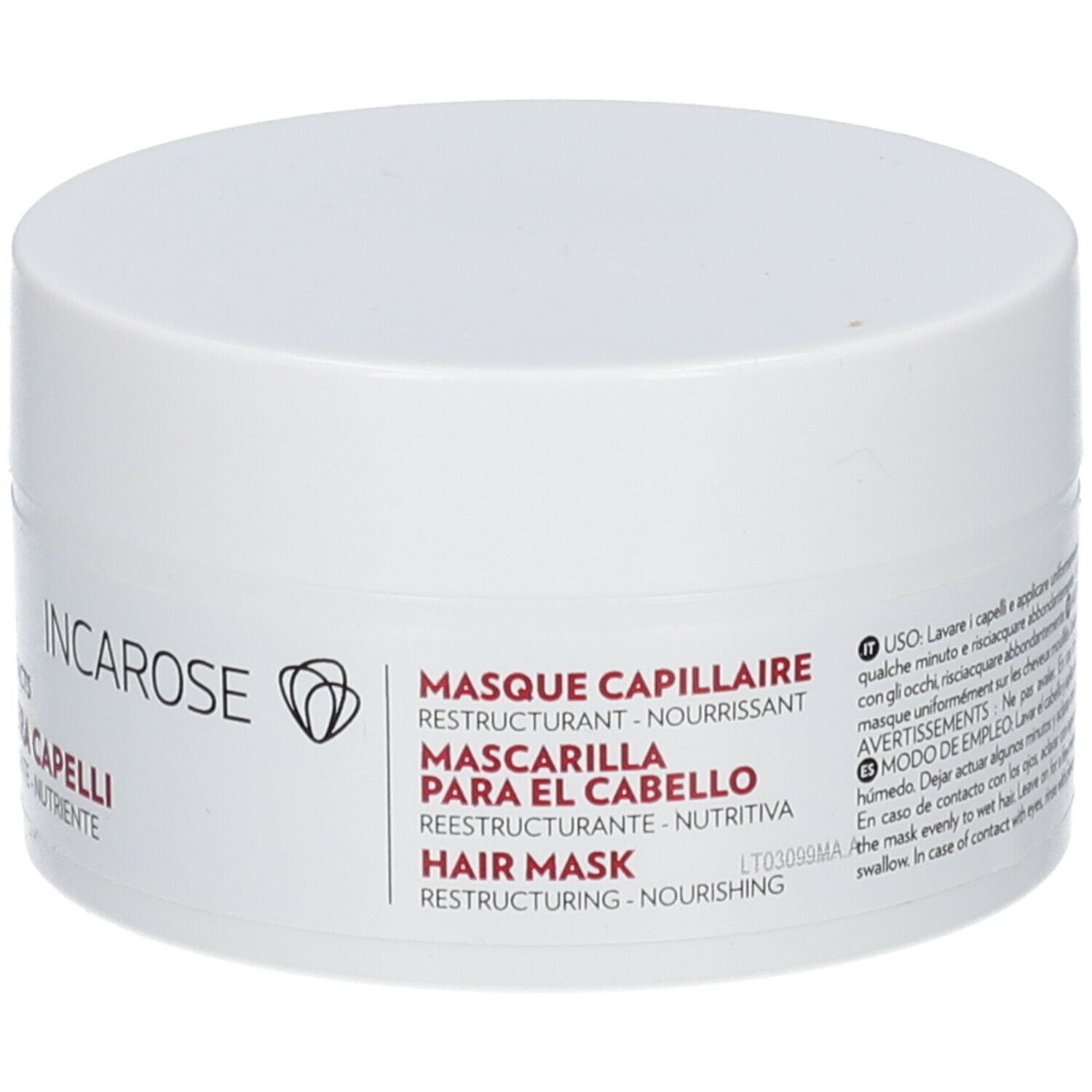 Weißer Tiegel mit Deckel. Aufschrift: Incarose, Masque Capillaire, Mascarilla para el Cabello, Hair Mask.