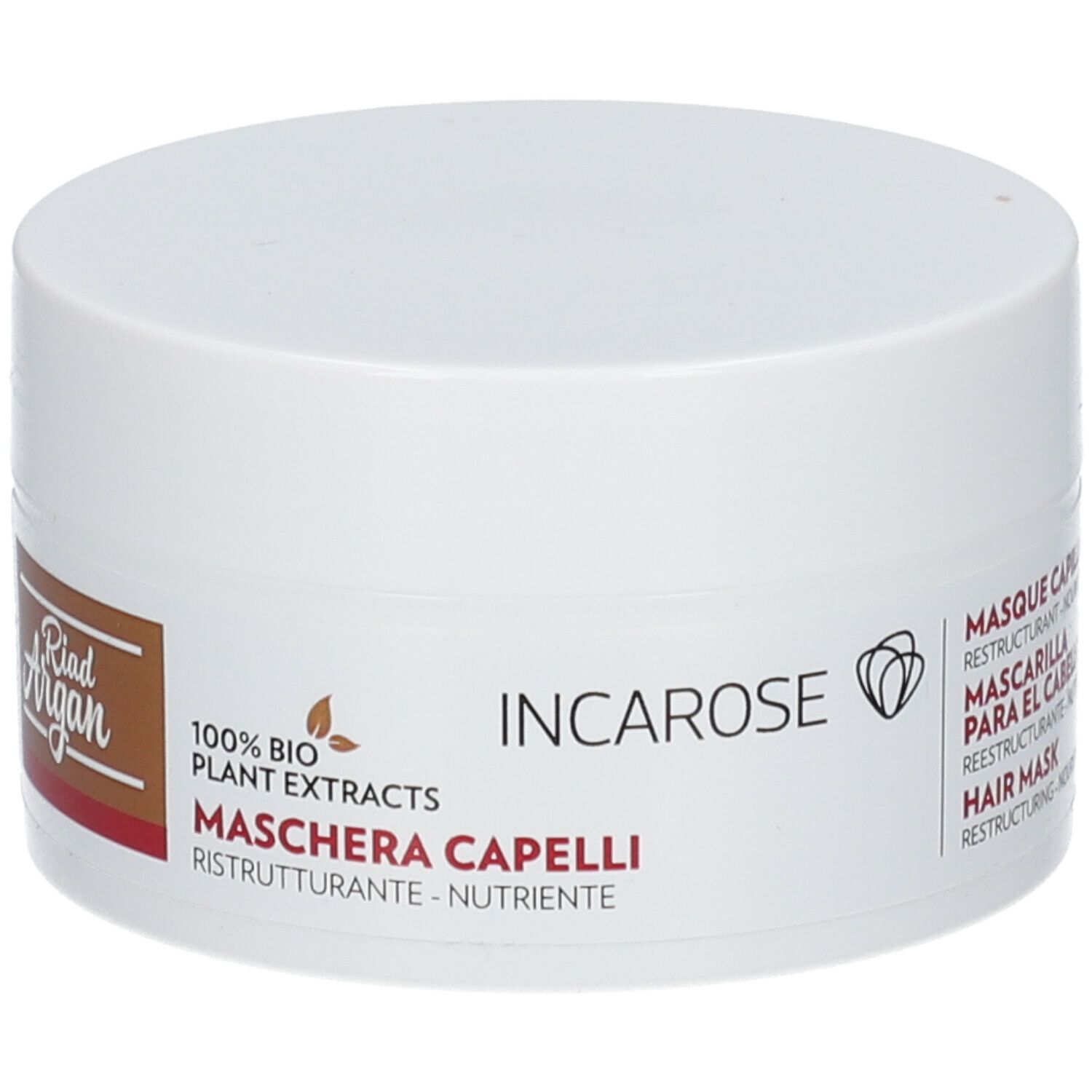 Weißer Tiegel mit Deckel. Aufschrift: Incarose, Riad Argan, Maschera Capelli. 100% Bio-Pflanzenextrakte.