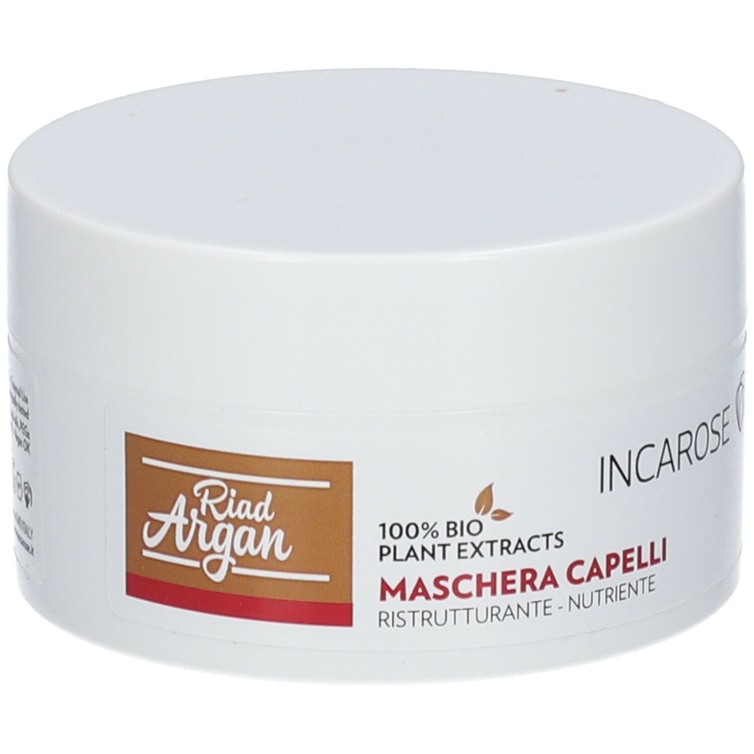 Weißer Tiegel mit Deckel. Aufschrift: Incarose, Riad Argan, Maschera Capelli. 100% Bio-Pflanzenextrakte.