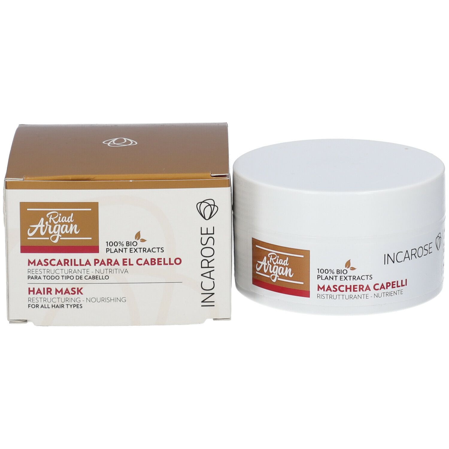 Weißer Tiegel und Karton. Aufschrift: Incarose, Riad Argan, Mascarilla para el Cabello, Hair Mask. 100% Bio-Pflanzenextrakte.