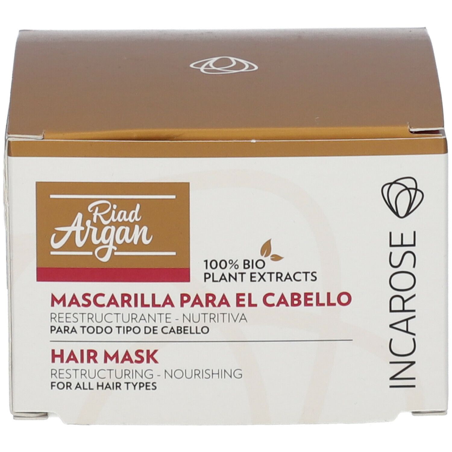 Karton. Aufschrift: Incarose, Riad Argan, Mascarilla para el Cabello, Hair Mask. 100% Bio-Pflanzenextrakte.