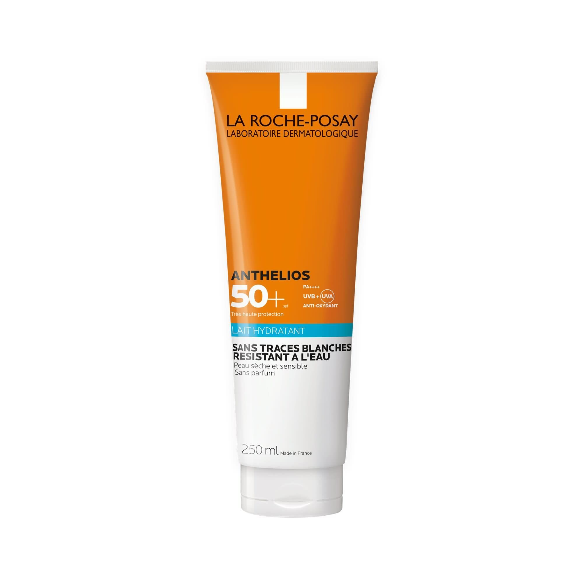 Sonnenmilch-Tube, orange-weiß. Text: La Roche-Posay, Anthelios 50+, sans traces blanches, résistant à l'eau. 250ml.