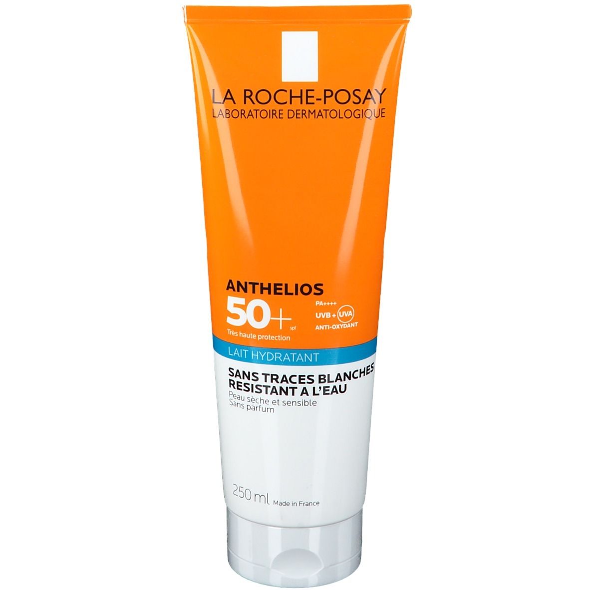 Sonnenmilch-Tube, orange-weiß. Text: La Roche-Posay, Anthelios 50+, sans traces blanches, résistant à l'eau. 250ml.