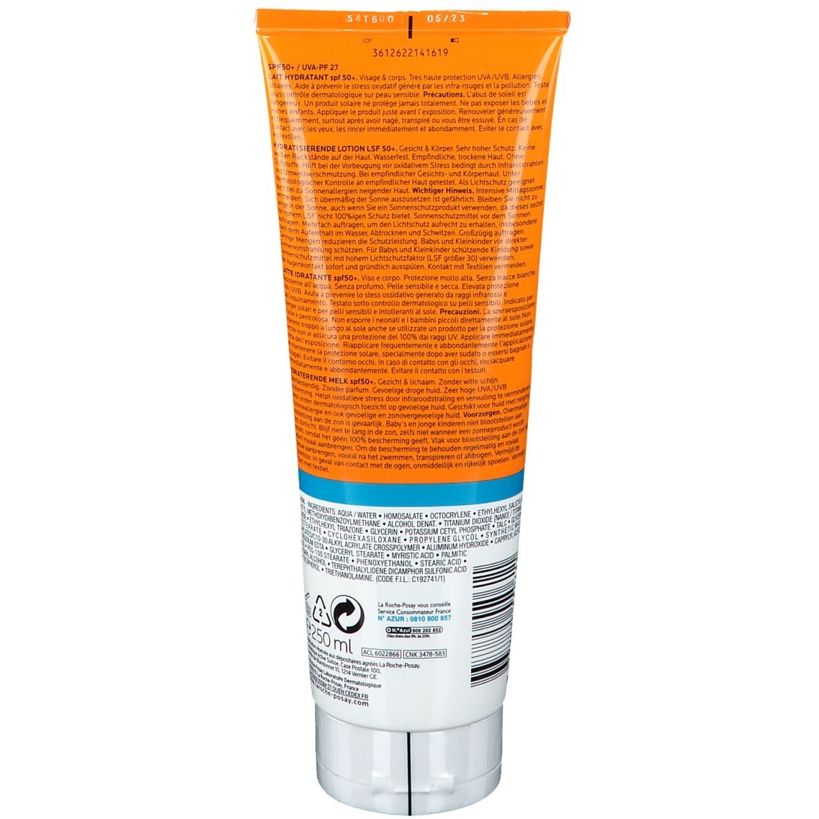 Rückseite einer Sonnenmilch-Tube. Text und Barcode. Orange-weiße Farbgebung. 250ml.