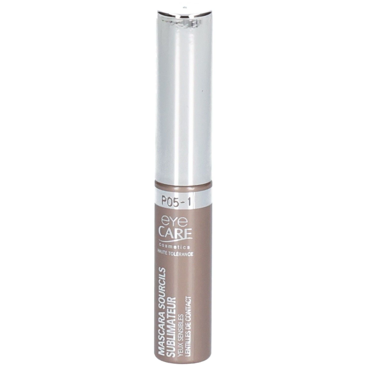 Braune Augenbrauenmascara. Zylinderförmige Tube mit silberner Kappe. Produktname und Marke sichtbar.