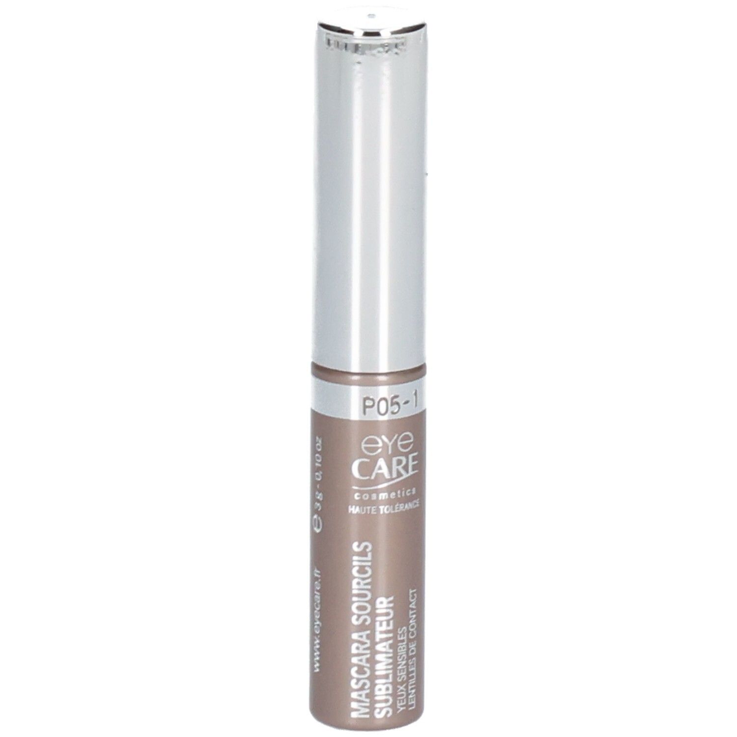 Braune Augenbrauenmascara. Zylinderförmige Tube mit silberner Kappe. Produktname und Marke sichtbar.