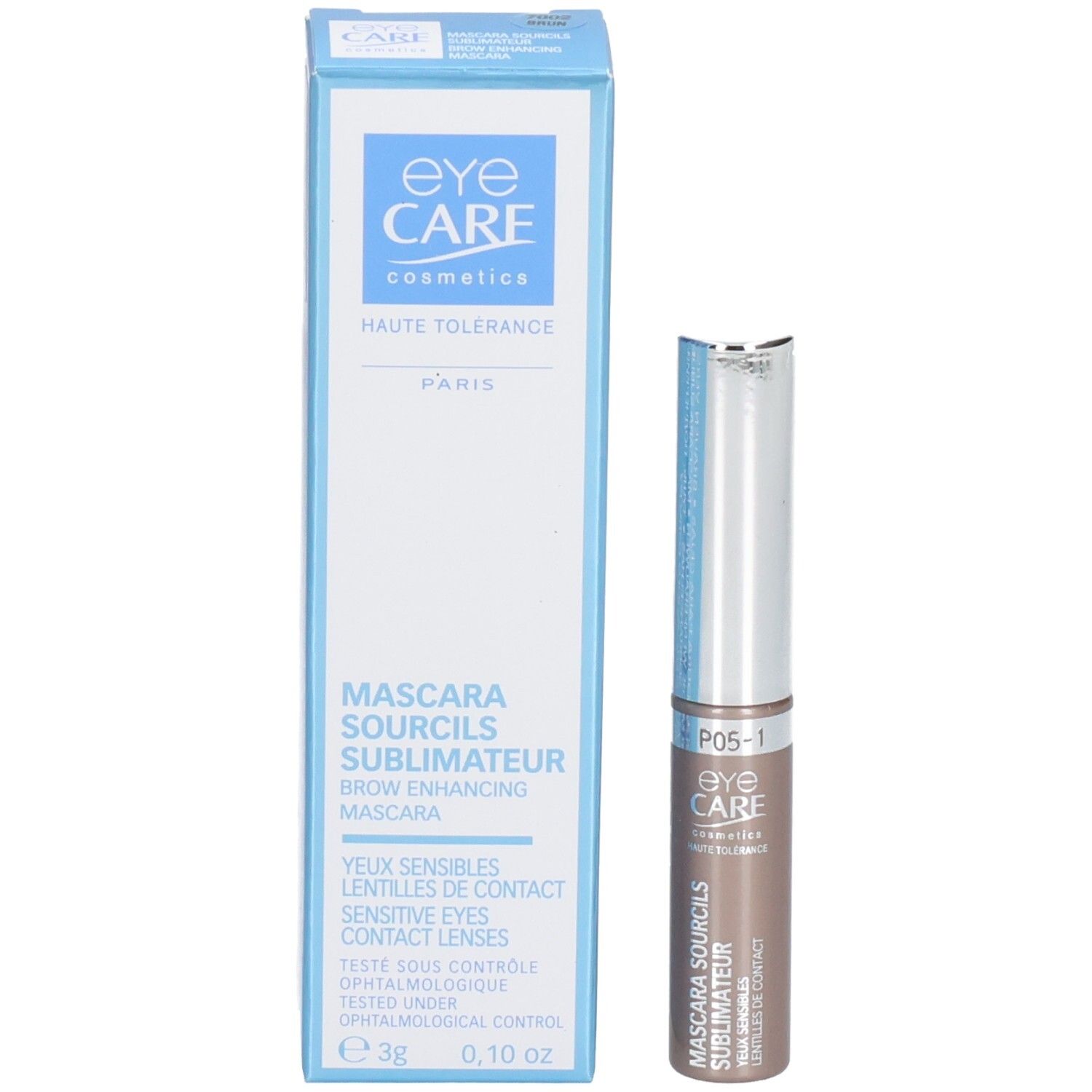 Augenbrauenmascara und Verpackung. Tube und Schachtel. Marke und Produktinformationen.