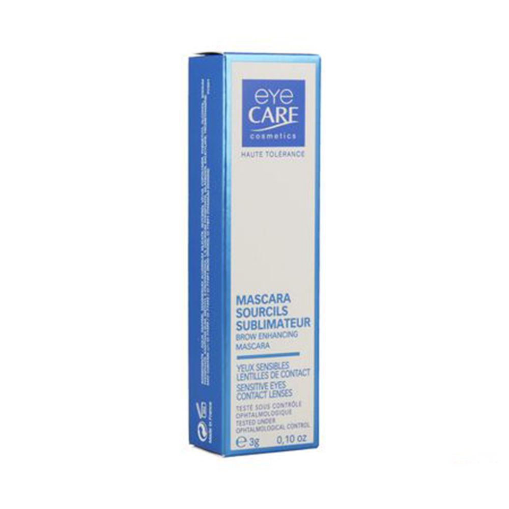 Emballage en carton de mascara pour sourcils. Emballage bleu et blanc avec le nom du produit et la marque EYE CARE.