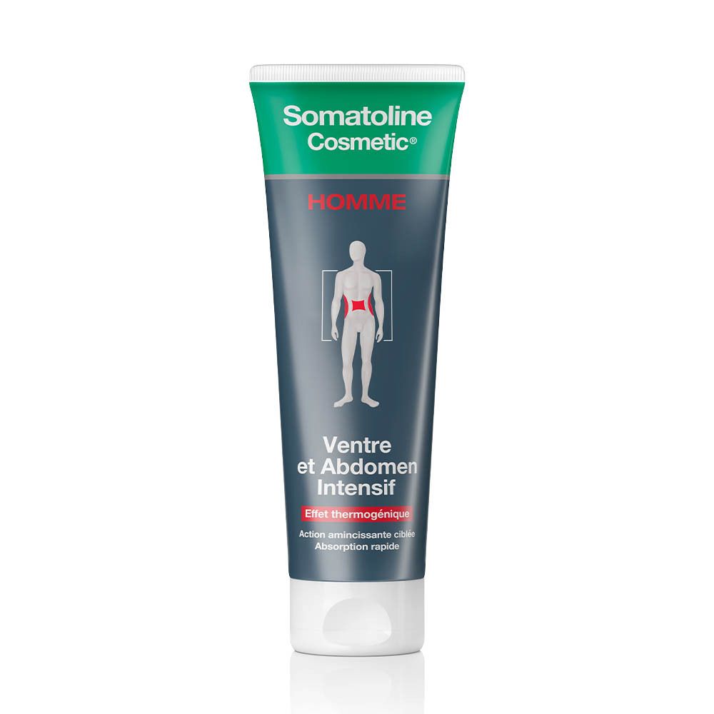Tube Somatoline Cosmetic®. Vert et blanc, texte: Ventre et Abdomen Intensif. Silhouette d'homme.