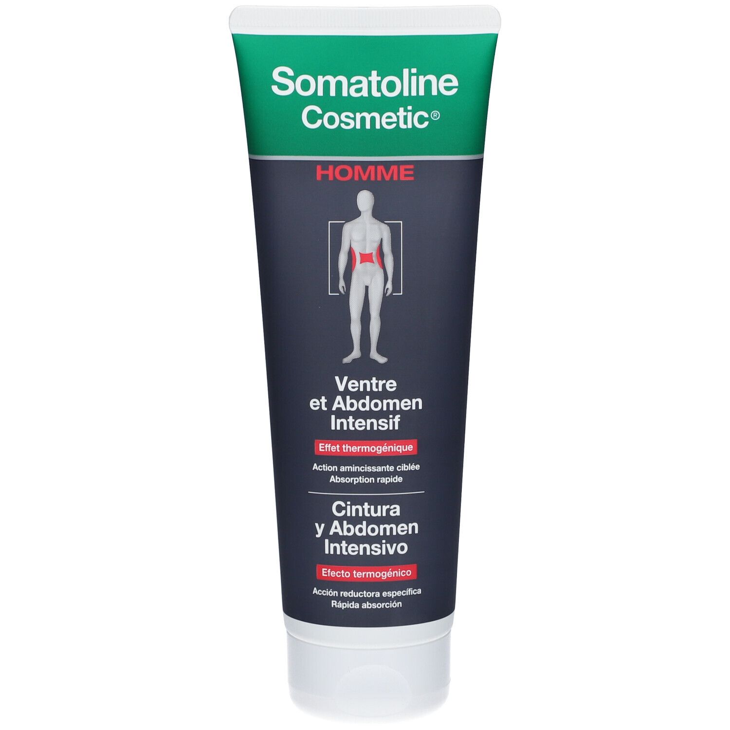 Somatoline Cosmetic® Tube. Grün-weiß, mit Text: Homme, Bauch und Abdomen Intensiv. Mann-Silhouette.