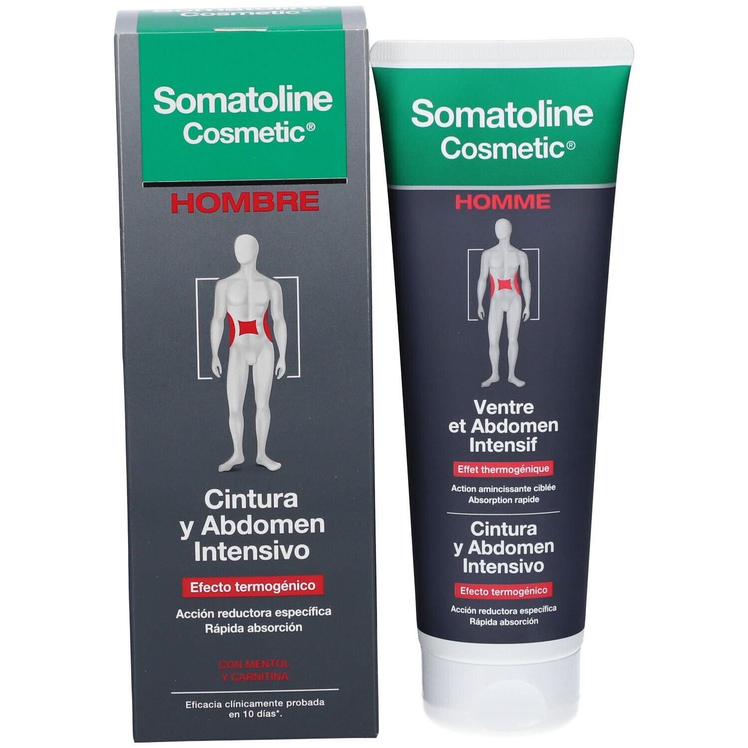Somatoline Cosmetic® Tube und Schachtel. Text: Homme, Bauch und Abdomen Intensiv. Mann-Silhouette.