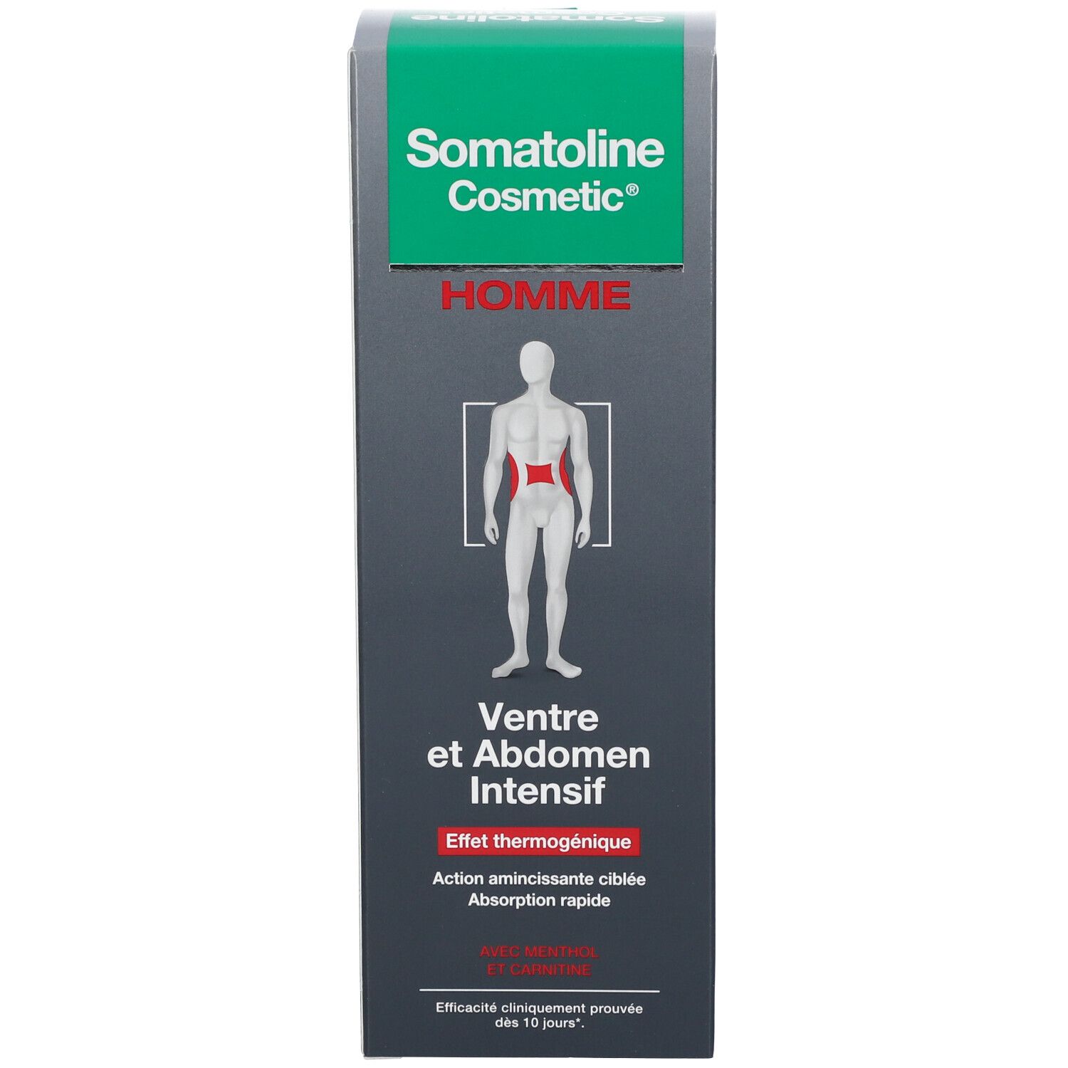 Schachtel Somatoline Cosmetic®. Text: Homme, Ventre et Abdomen Intensif. Mann-Silhouette.