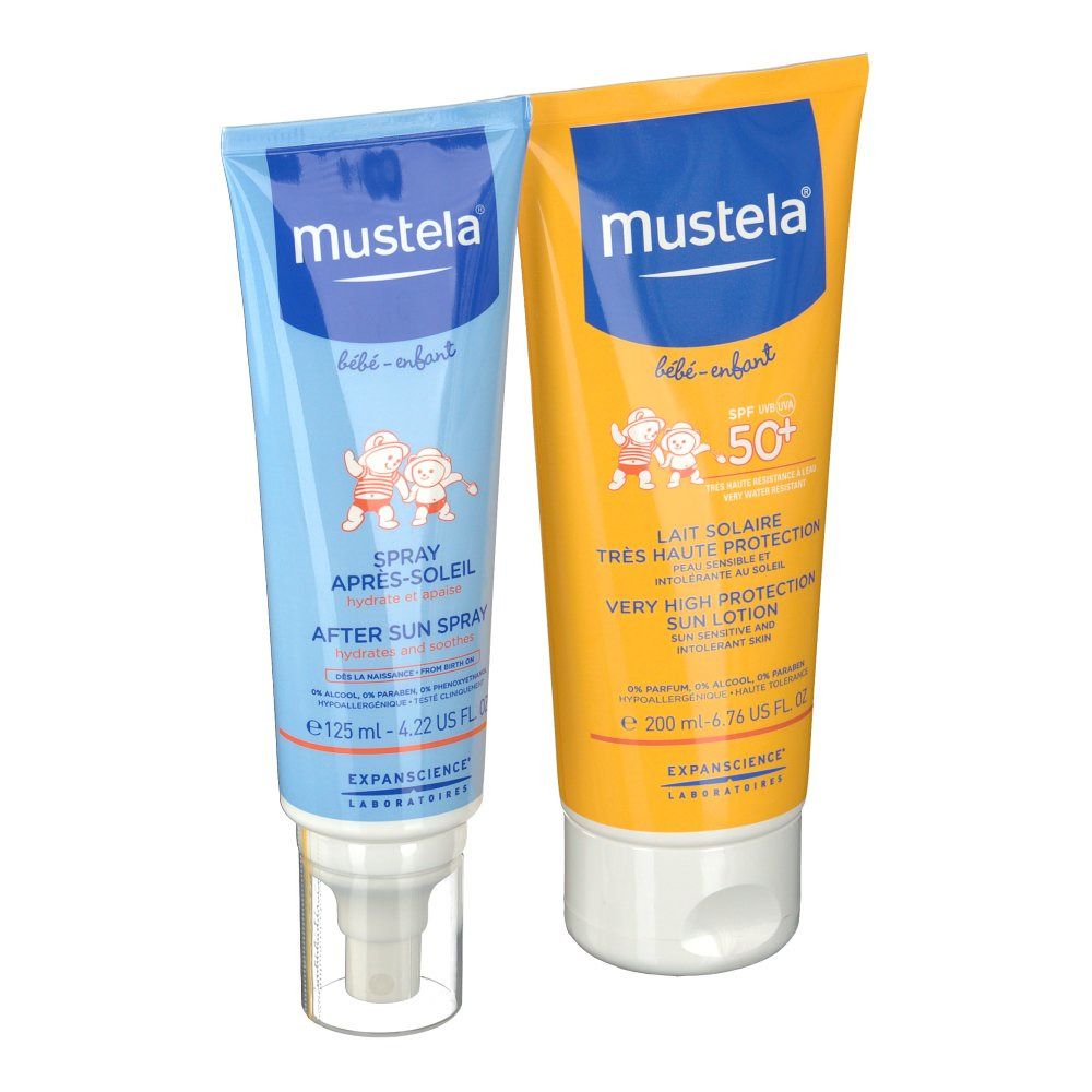 mustela® bébé sehr hoher Sonnenschutz Sonnenmilch SPF 50+ + After Sun Spray