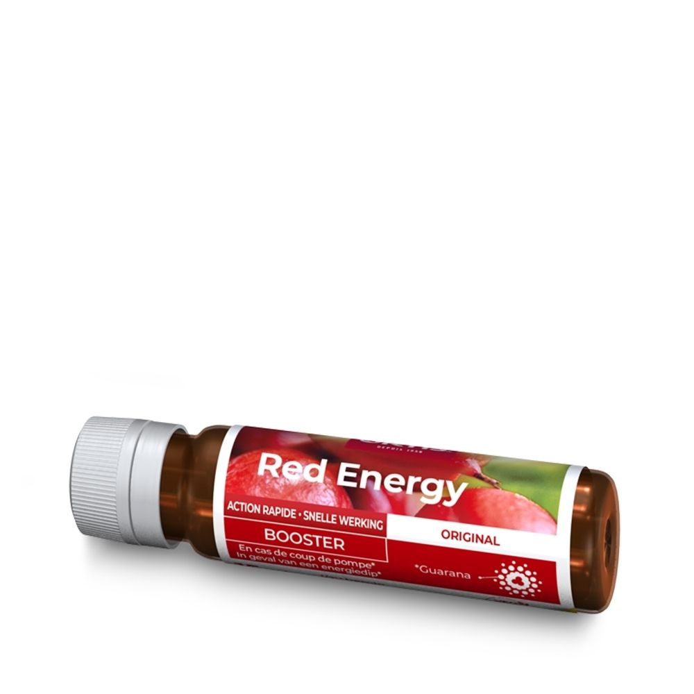 Flacon en verre brun avec bouchon à vis blanc. Étiquette "RED ENERGY", "BOOSTER" sur fond rouge.