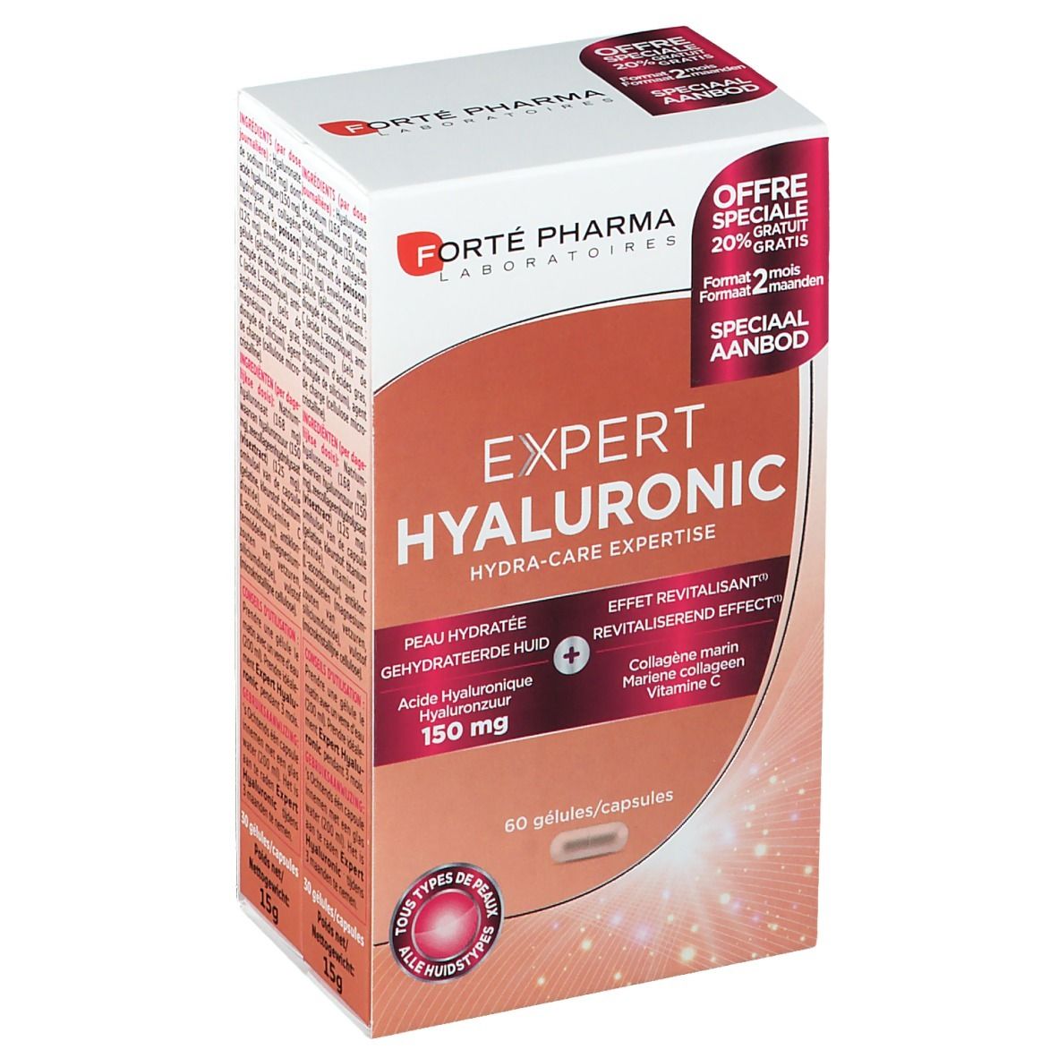 Boîte Forté Pharma Expert Hyaluronic. Emballage blanc, rouge et marron avec nom et ingrédients. Contient 60 gélules.