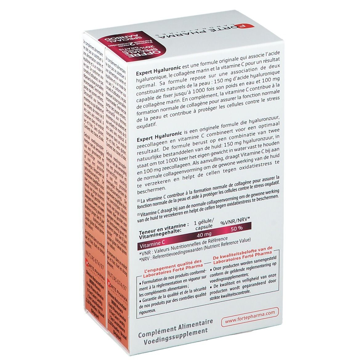 Dos de la boîte Forté Pharma Expert Hyaluronic. Texte en allemand, français et néerlandais. Informations sur le produit.