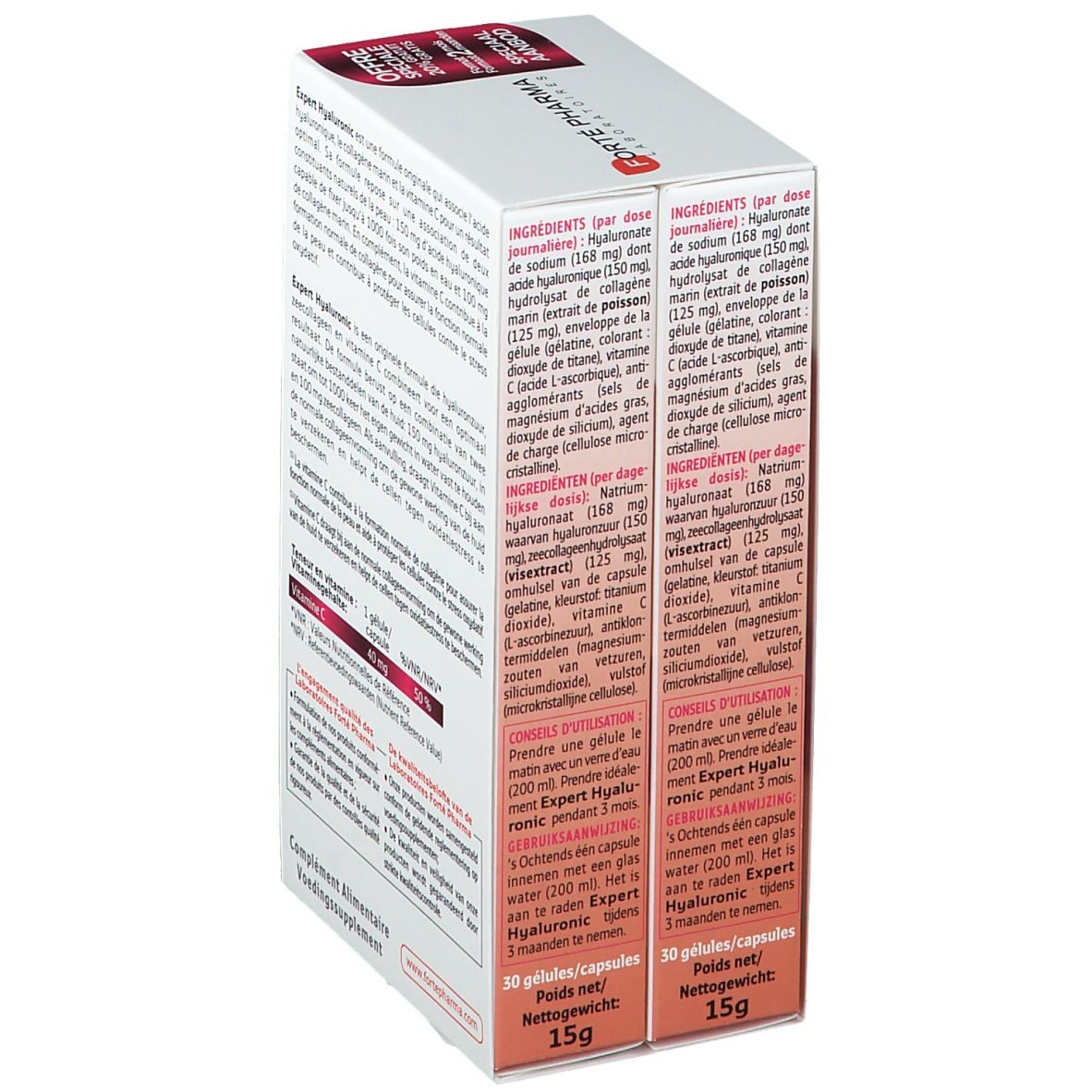 Vue latérale de l'emballage Forté Pharma Expert Hyaluronic. Contient deux boîtes de 30 gélules. Ingrédients.