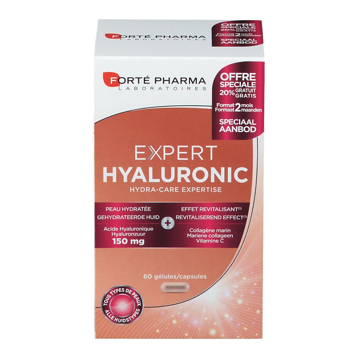 Boîte Forté Pharma Expert Hyaluronic. Emballage blanc, rouge et marron avec nom et ingrédients. Contient 60 gélules.