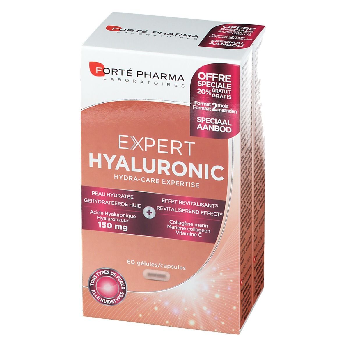 Boîte Forté Pharma Expert Hyaluronic. Emballage blanc, rouge et marron avec nom et ingrédients. Contient 60 gélules.