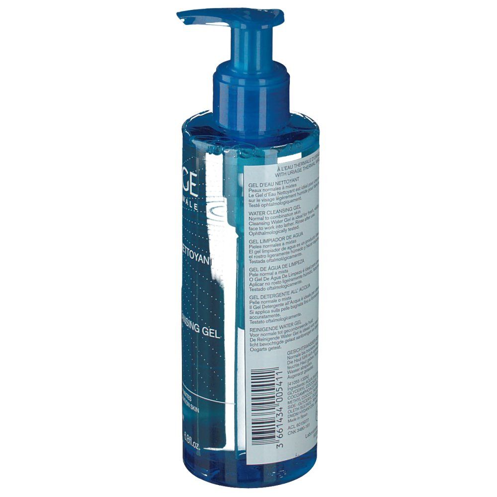 Dos du flacon bleu avec pompe doseuse. Texte multilingue. Inscription: Water Cleansing Gel.