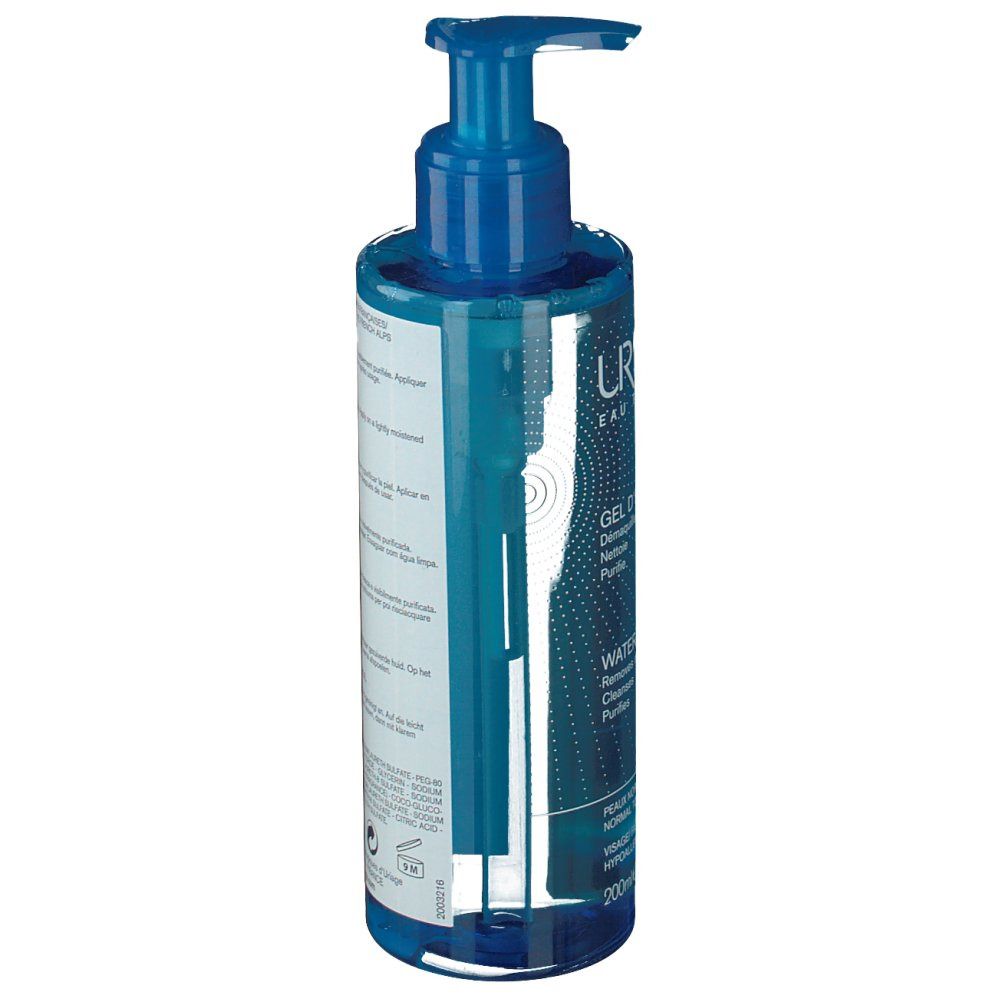 Flacon bleu avec pompe doseuse, légèrement incliné. Inscription: Uriage, Gel d'eau nettoyant, Water Cleansing Gel.