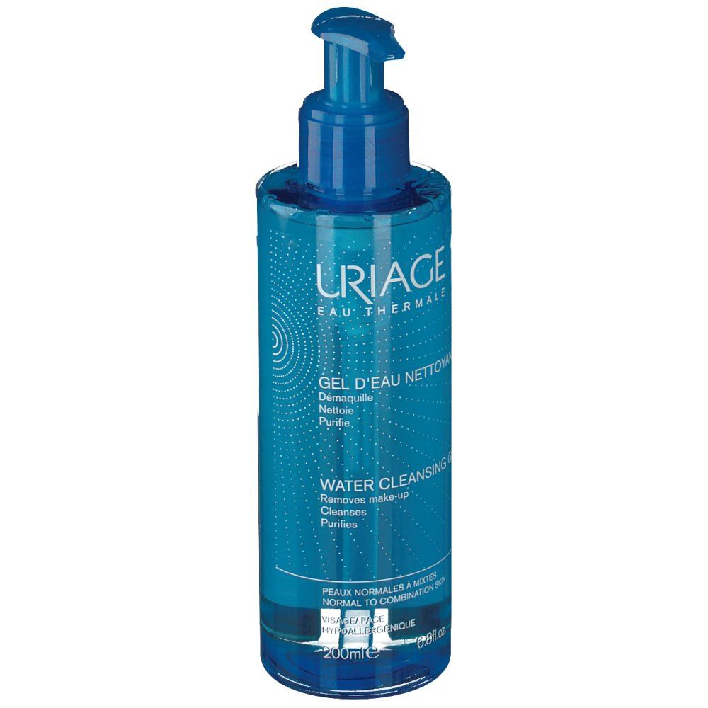 Flacon bleu avec pompe doseuse. Inscription: Uriage, Gel d'eau nettoyant, Water Cleansing Gel. Pour peaux normales à mixtes.
