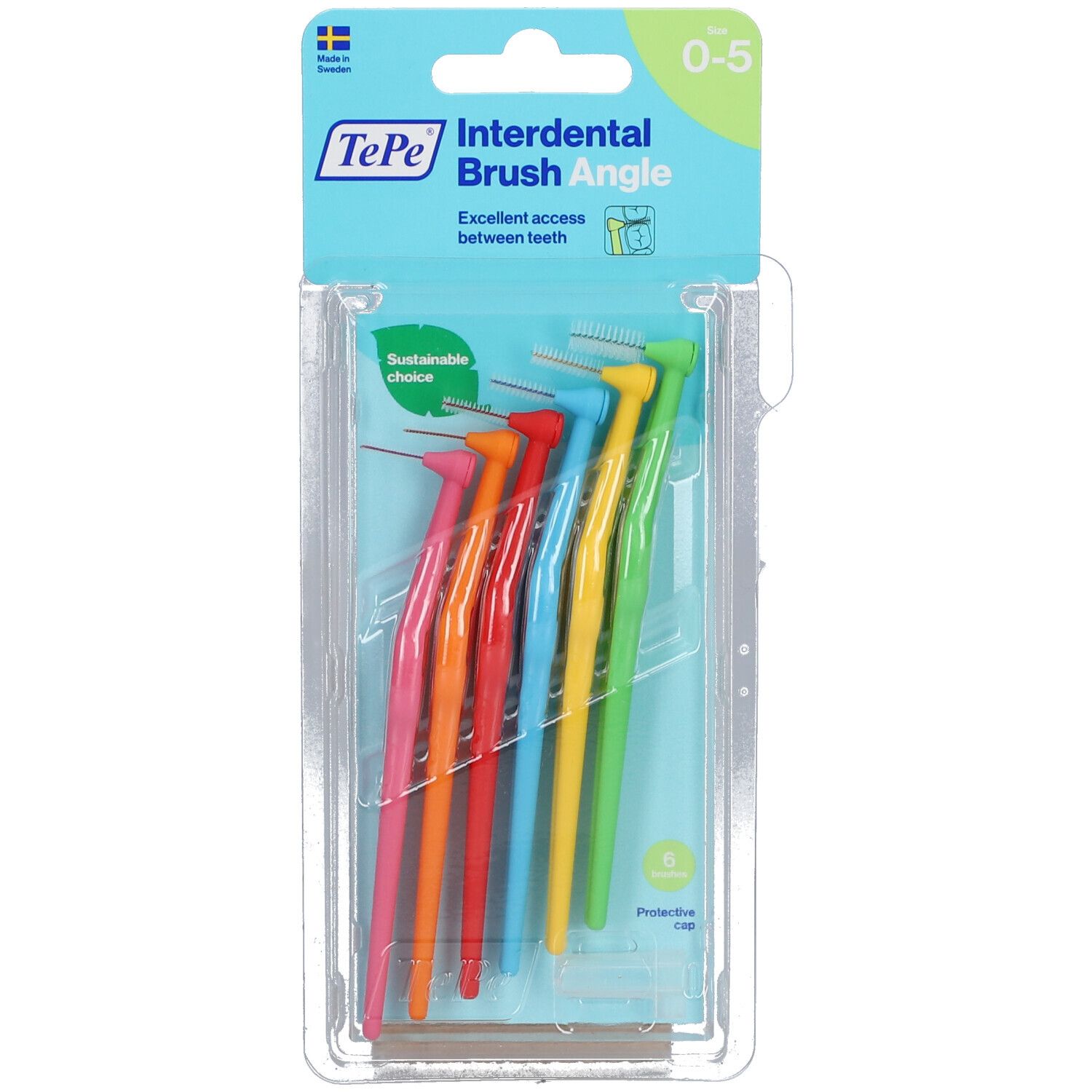 Paquet de 6 brossettes interdentaires multicolores. Marque TePe, modèle Angle. Logo Choix durable.
