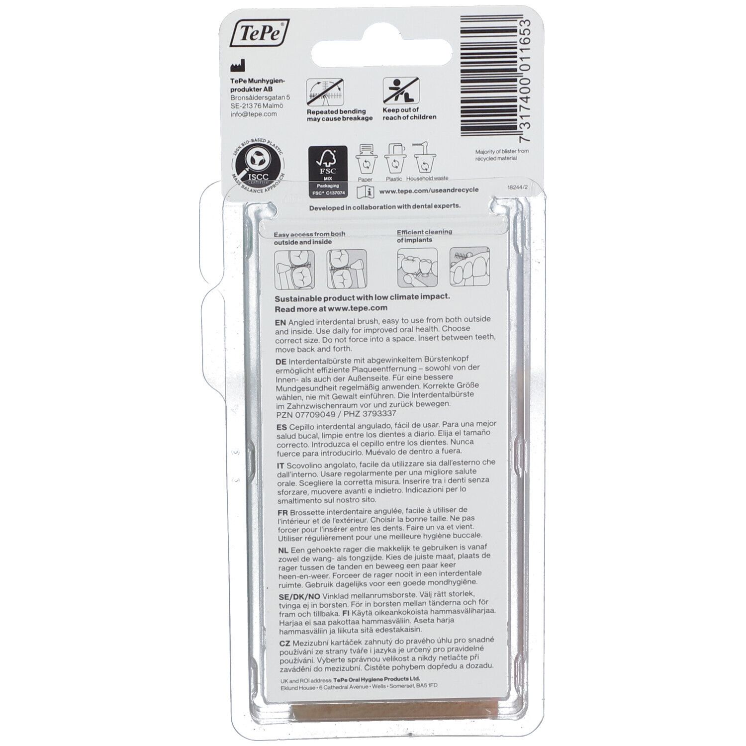 Dos de l'emballage avec informations produit et logos. Contient du texte en plusieurs langues, dont le français.