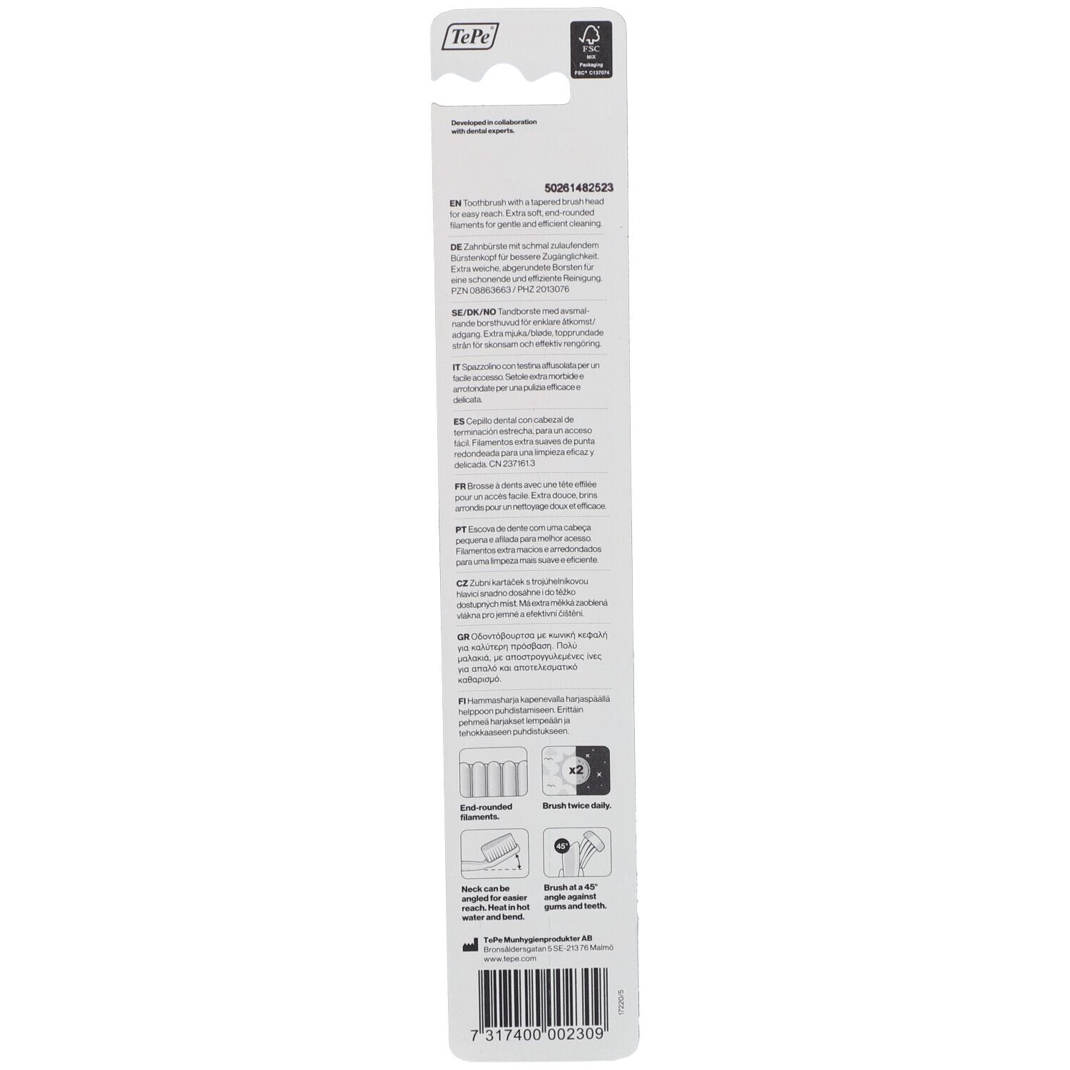 Rückseite der Blisterverpackung. Text in mehreren Sprachen. FSC-Logo. Illustrationen zur Entsorgung und zum Aufhängen.