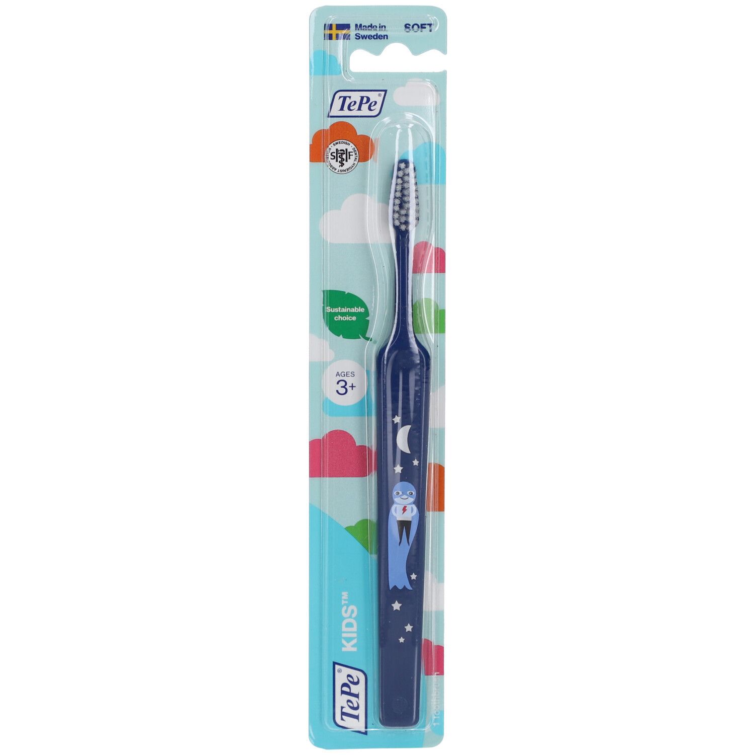 Brosse à dents bleue pour enfants de plus de 3 ans. Emballage avec motif de nuages et nom du produit.