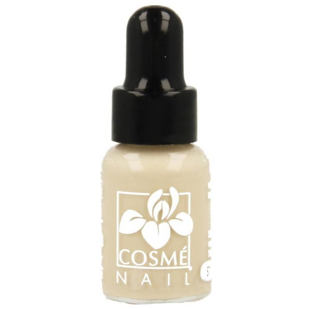 Hellbeige Nagellackflasche mit schwarzem Deckel. Aufschrift: Cosmé Nail.