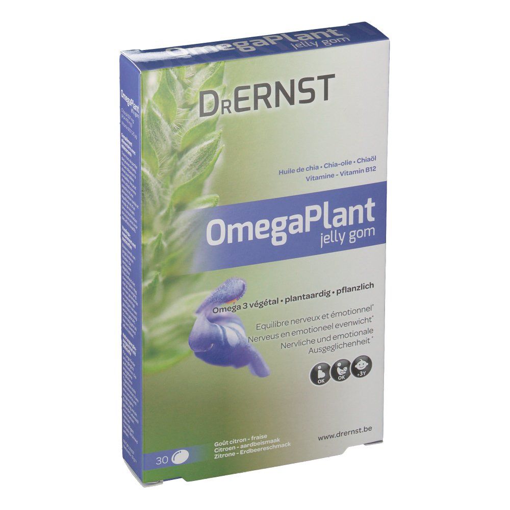 Boîte de DR Ernst OmegaPlant jelly gom. Face avant avec nom du produit, motif floral et indication de 30 pièces.