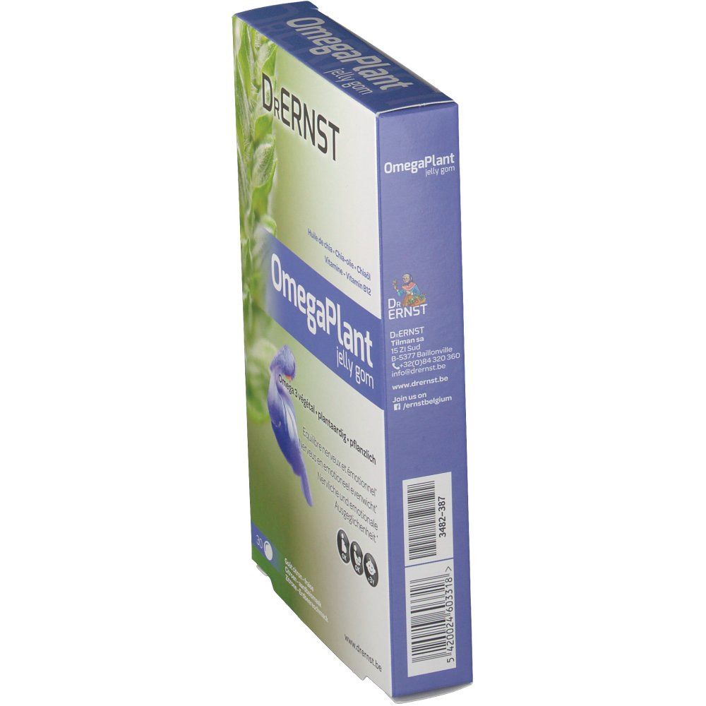 Vue latérale de la boîte de DR Ernst OmegaPlant jelly gom. Nom du produit et code-barres visibles.