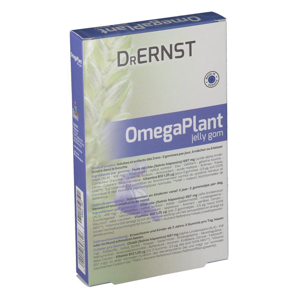 Dos de la boîte de DR Ernst OmegaPlant jelly gom. Informations textuelles et informations nutritionnelles.