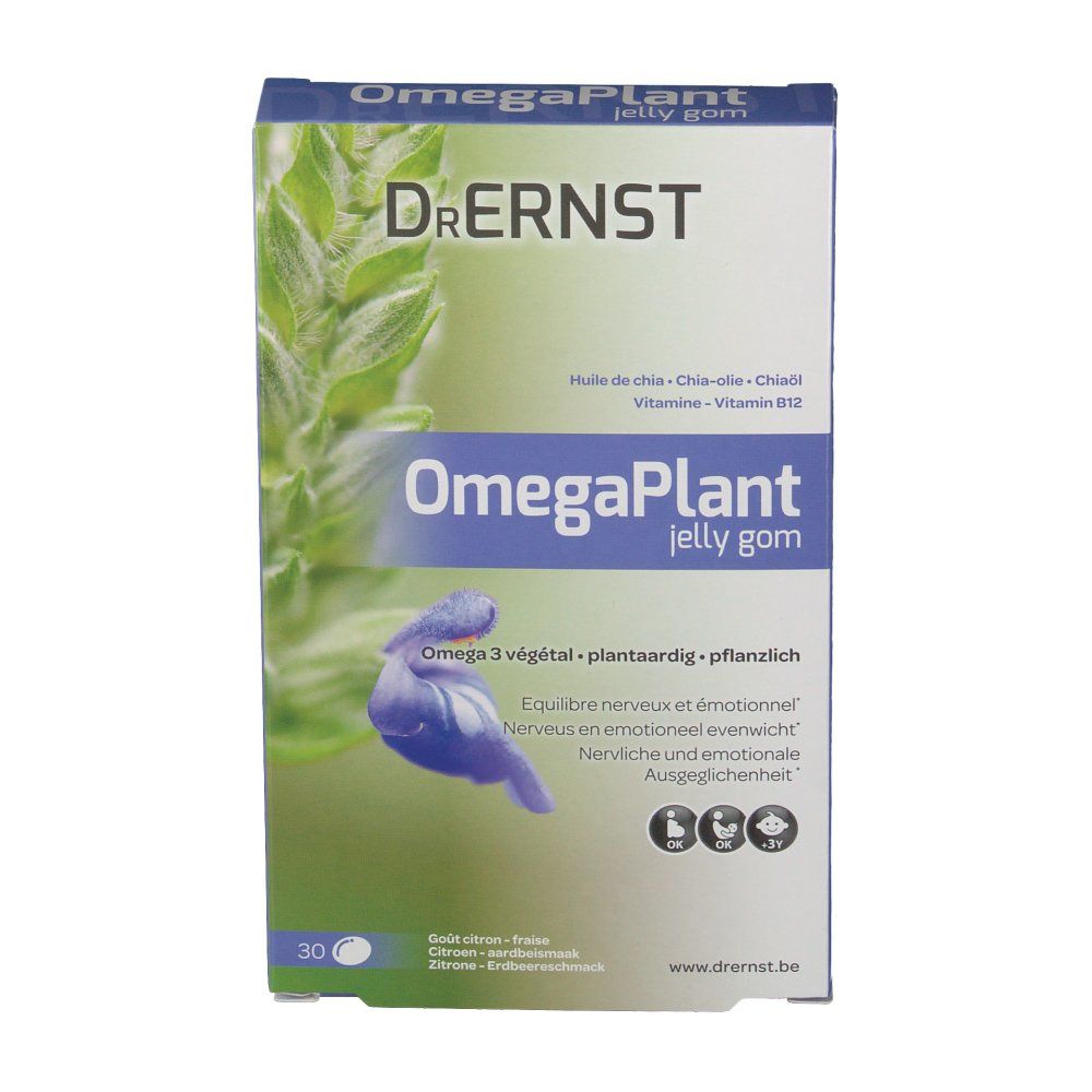 Boîte de DR Ernst OmegaPlant jelly gom. Face avant avec nom du produit, motif floral et indication de 30 pièces.