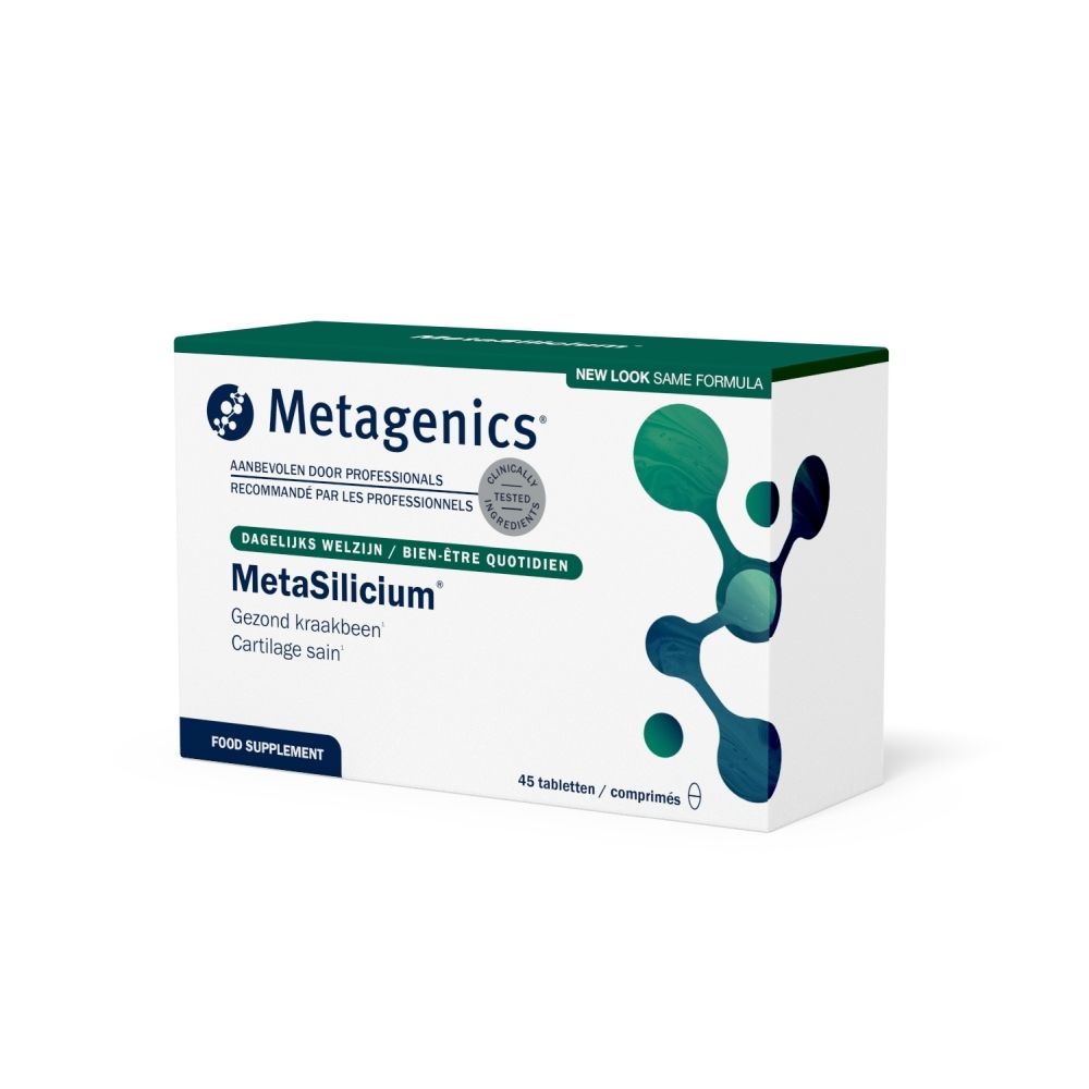 Boîte de MetaSilicium®. Contient 45 comprimés. Inscription: Cartilage sain. Avec vitamine C.