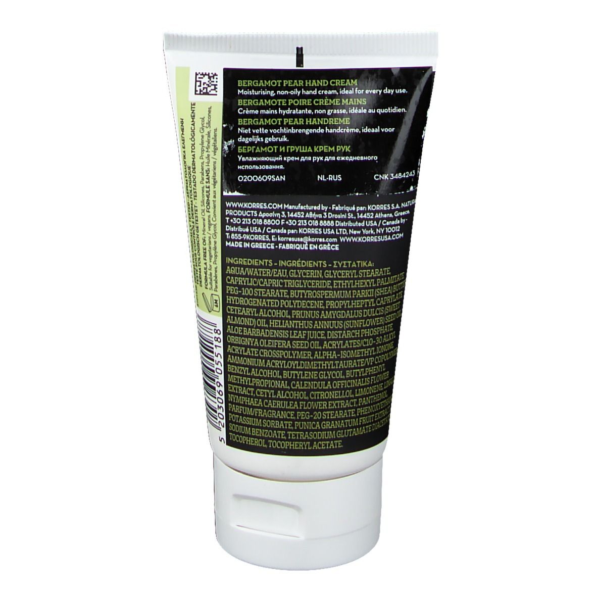 Rückseite der Handcreme-Tube. Text in mehreren Sprachen, Inhaltsstoffe und Herstellerinformationen.