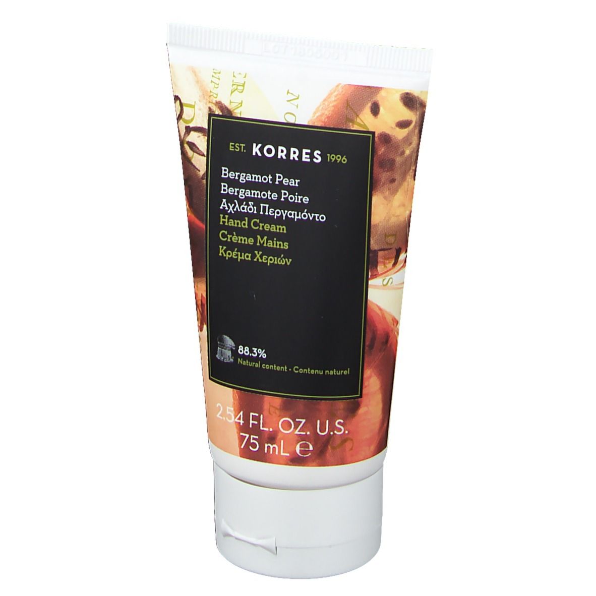Handcreme-Tube mit Produktbezeichnung und Logo. Schwarzes Etikett mit Text in mehreren Sprachen. 75 ml.