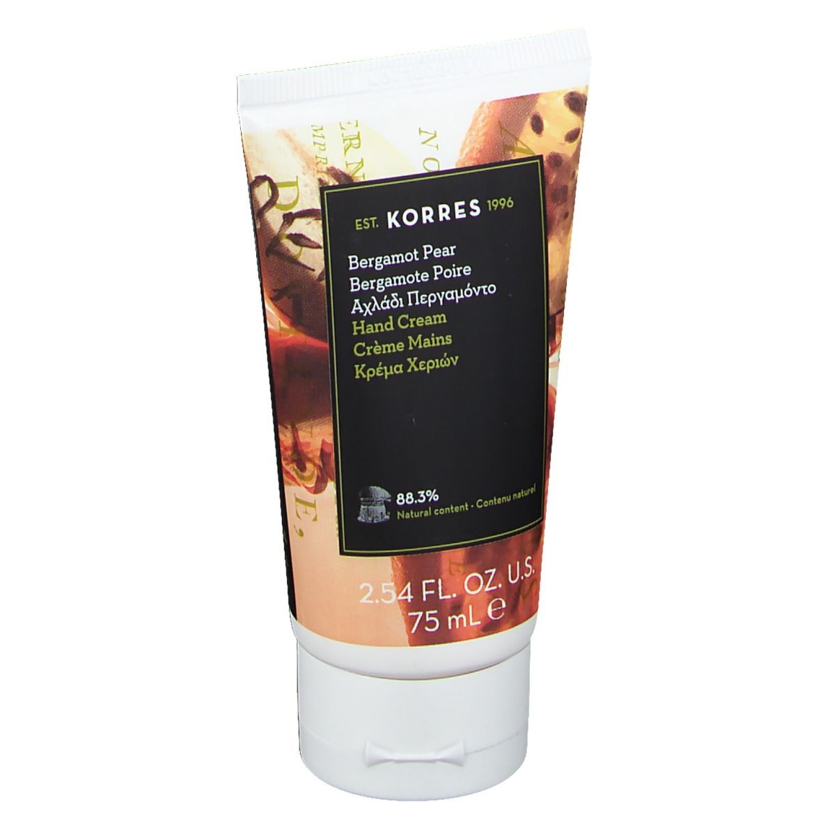 Handcreme-Tube mit Produktbezeichnung und Logo. Schwarzes Etikett mit Text in mehreren Sprachen. 75 ml.