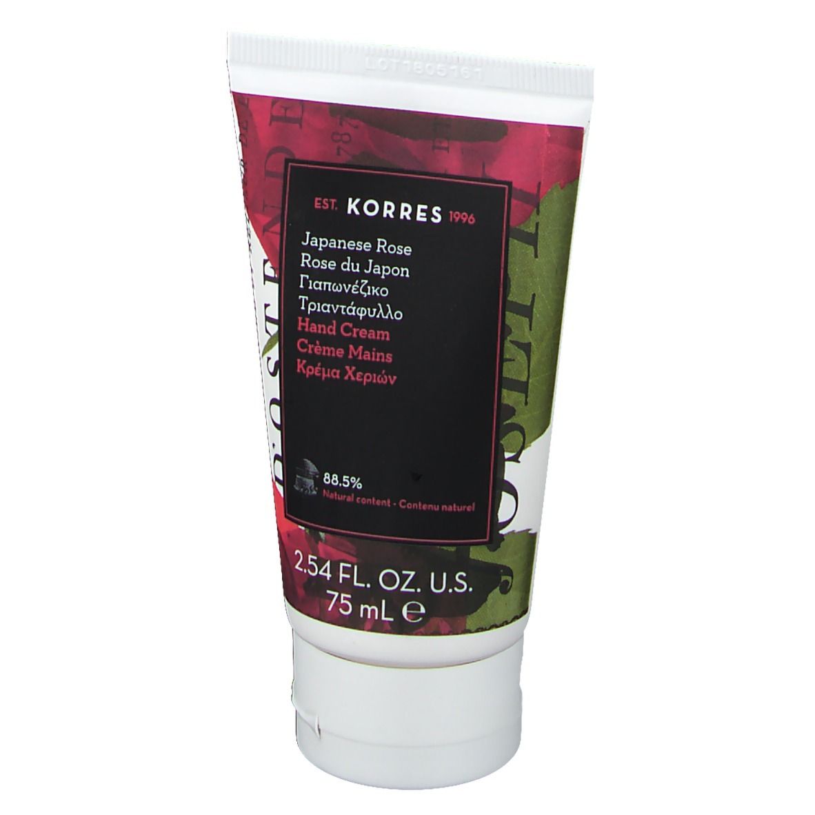 Tube Handcreme mit japanischer Rose. Schwarzes Etikett mit Produktnamen und Marke KORRES. 75 ml.
