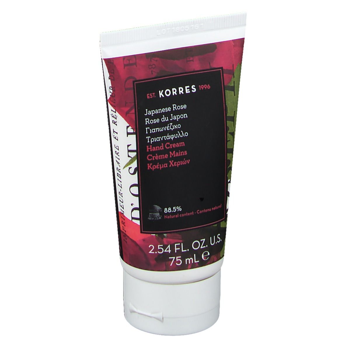 Tube Handcreme mit japanischer Rose. Schwarzes Etikett mit Produktnamen und Marke KORRES. 75 ml.