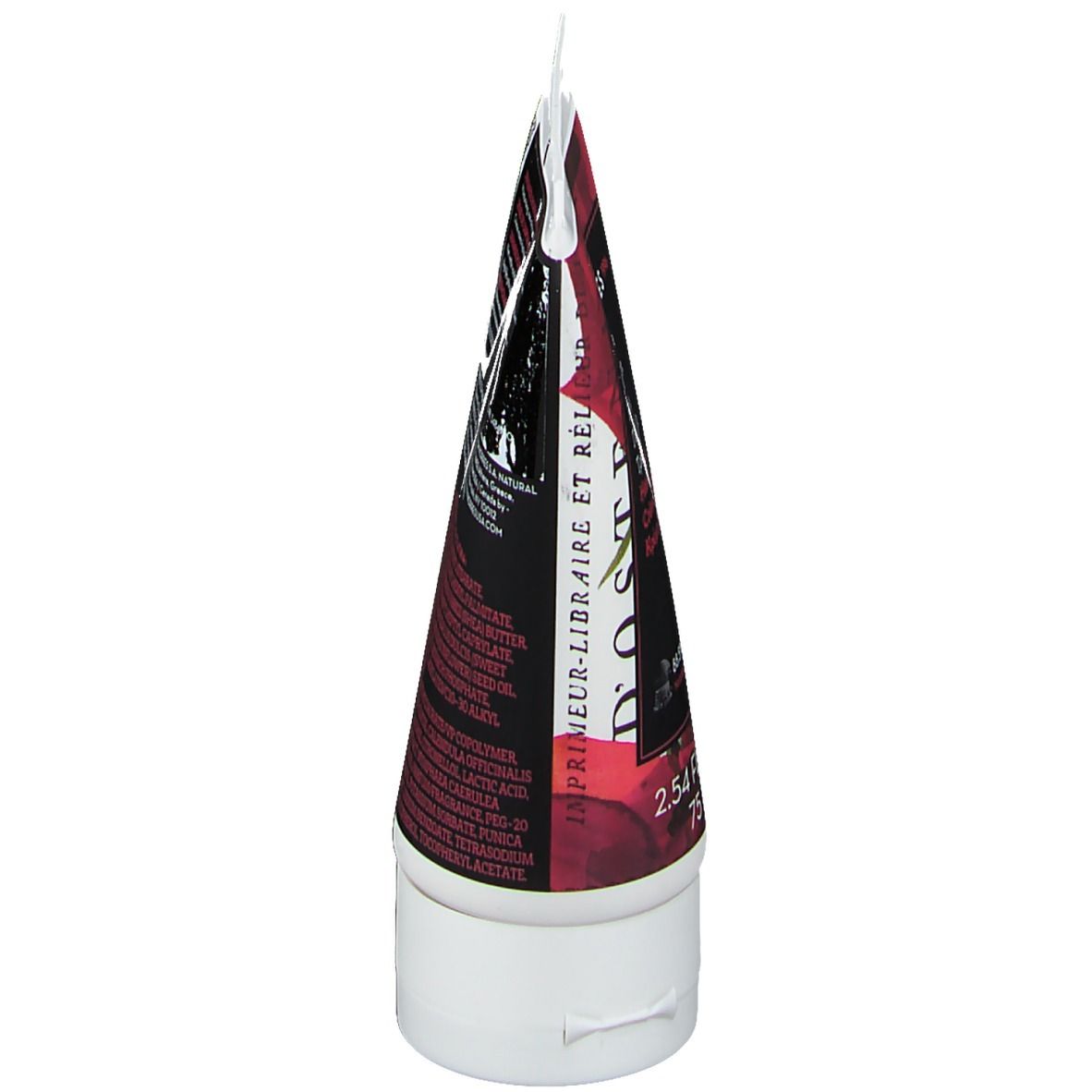Handcreme-Tube, Unteransicht. Weißer Verschluss, Produktname und Marke KORRES. 75 ml.