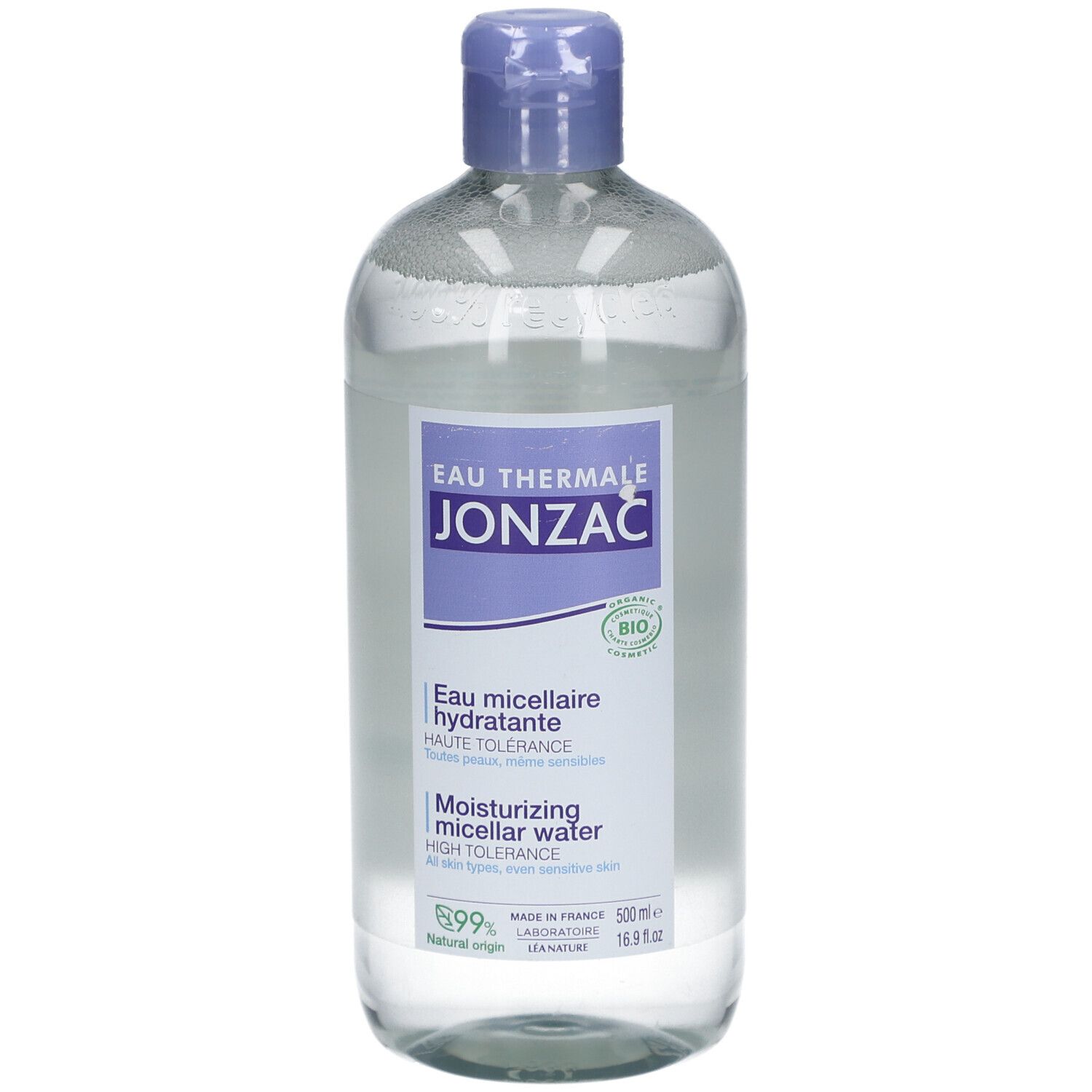 Flacon transparent avec bouchon bleu. Étiquette avec nom du produit et informations. Certification bio.