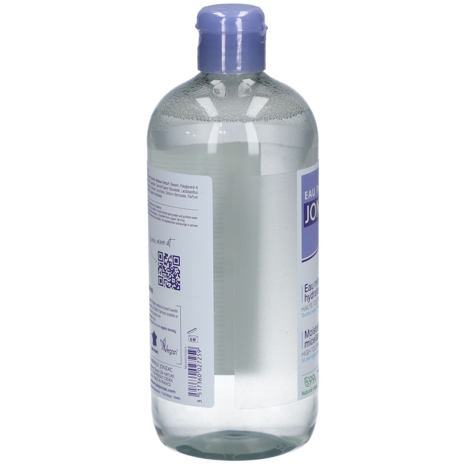Vue arrière du flacon. Étiquette avec texte et QR code. Logo vegan et certification bio.