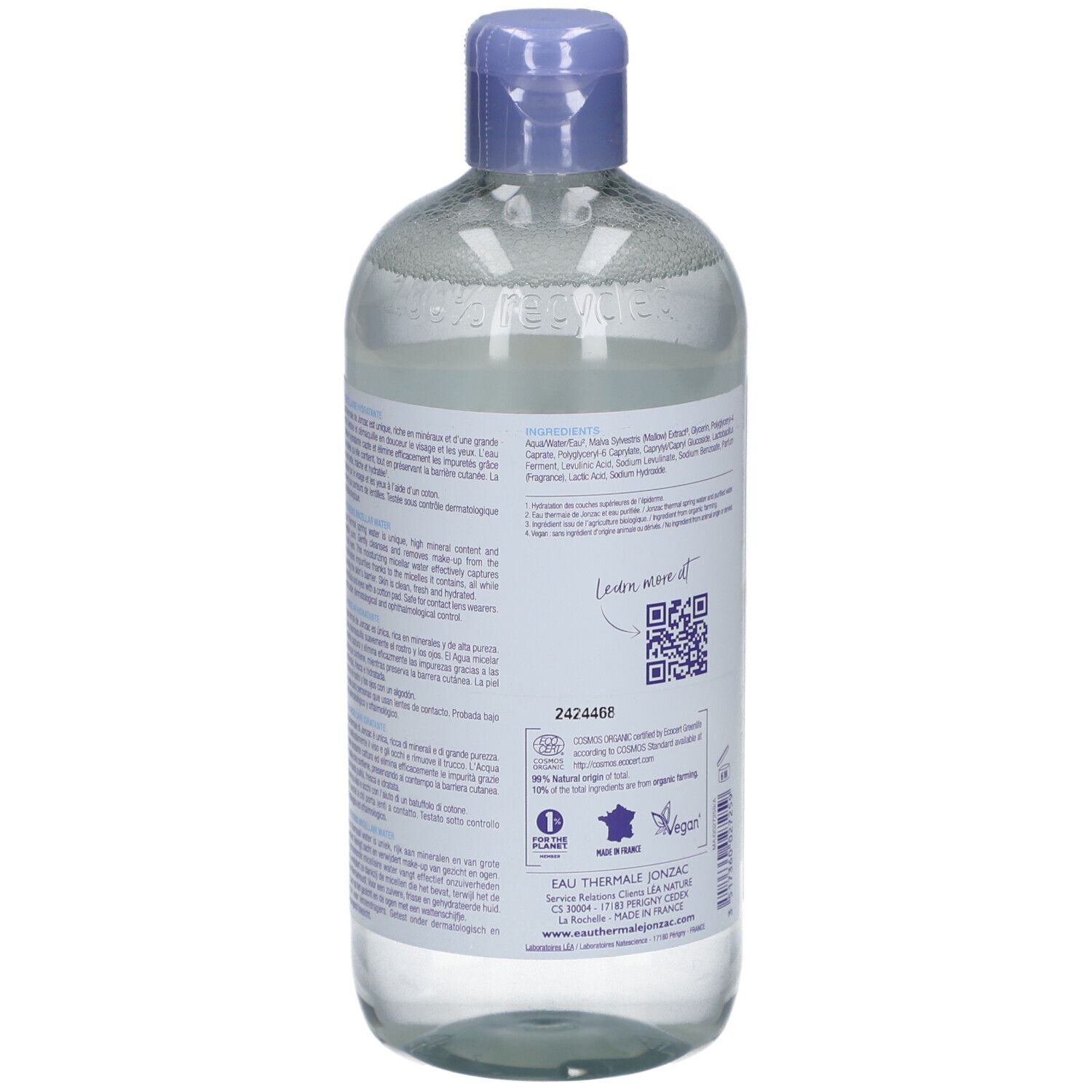 Vue arrière du flacon. Étiquette avec ingrédients et QR code. Certification bio et logo vegan.