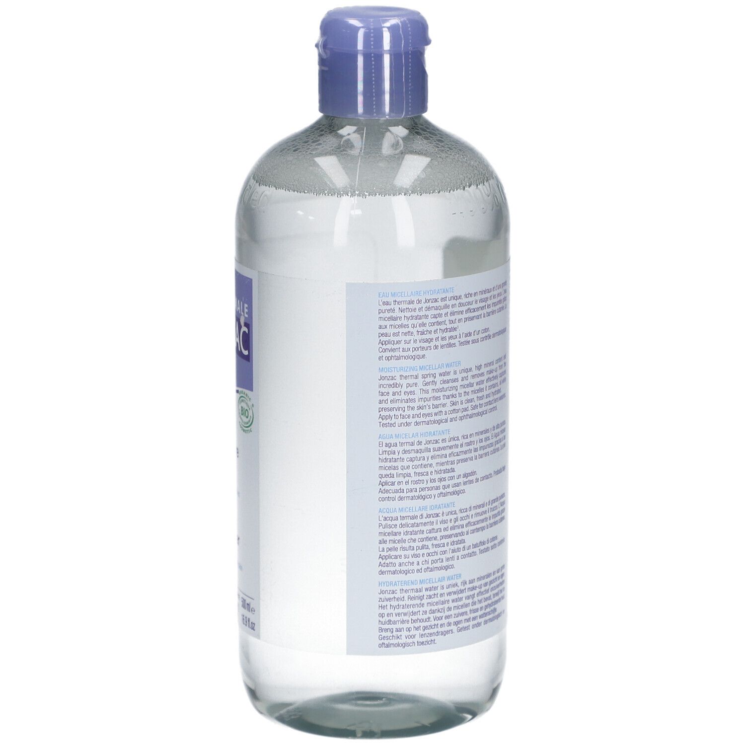 Vue arrière du flacon. Étiquette avec texte et QR code. Certification bio et logo vegan.